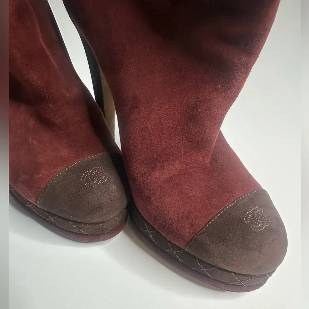 CHANEL Deep Red Suede Heeled Boots